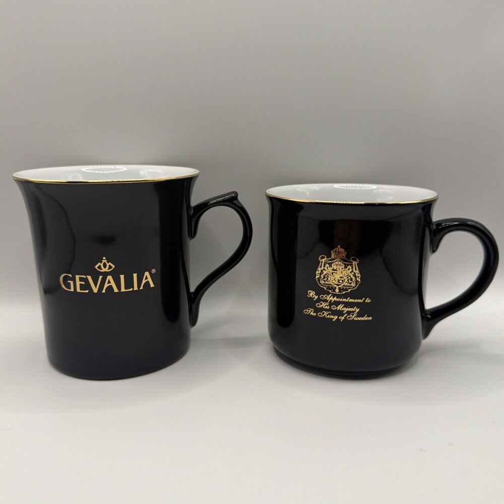 Vintage Swedish Gevalia Kaffe Coffee Cups 2 Black Gold Logo Mugs Royal Crest